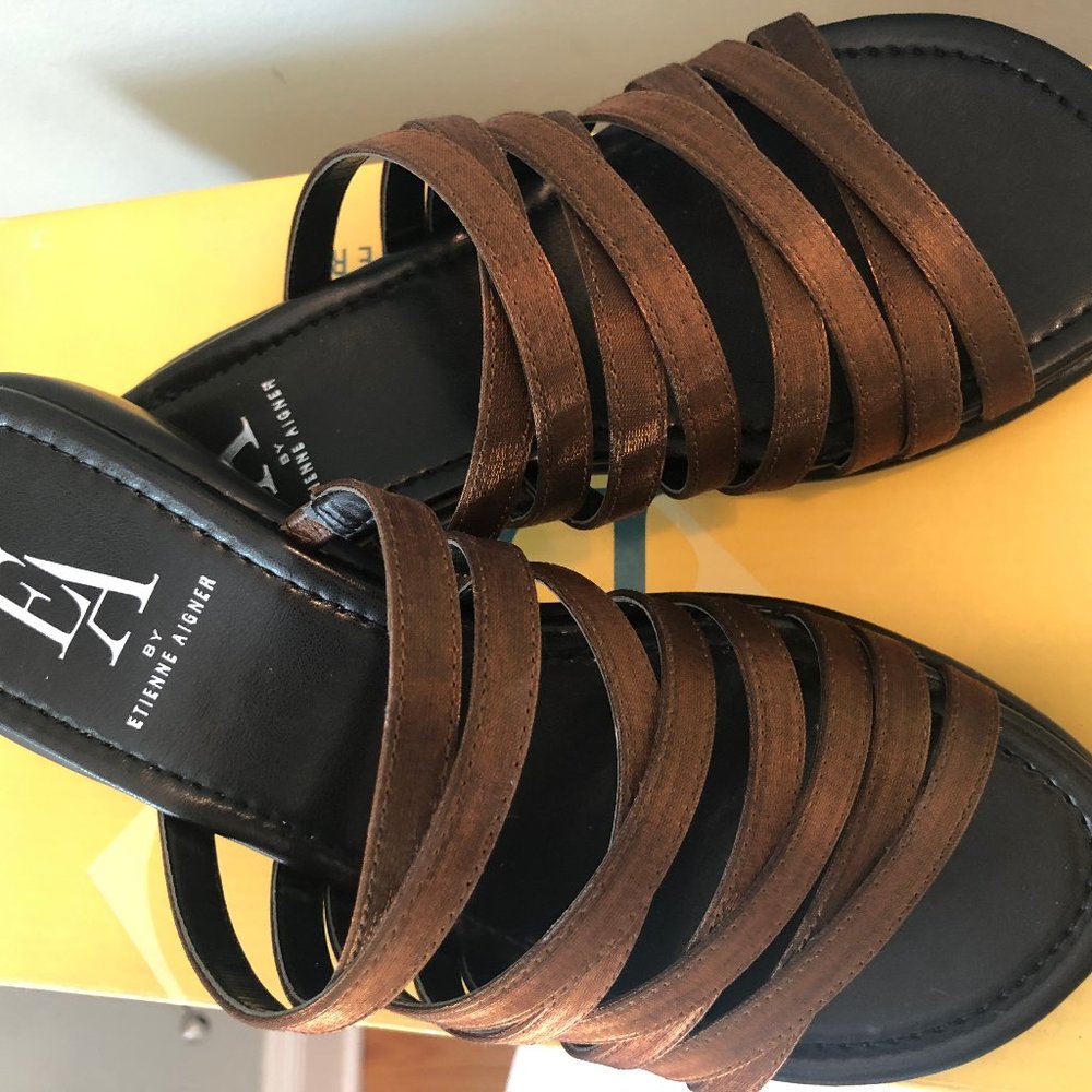 Etienne Aigner  Bronze Fabric Sandals Size 6.5